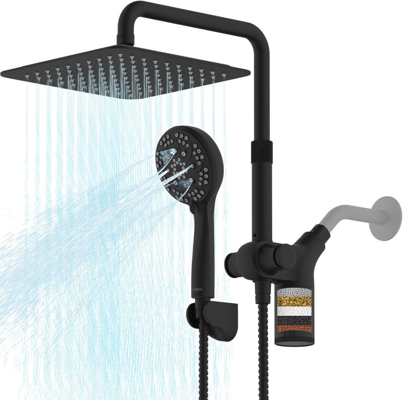 Ryamen Upgraded Dual Shower Heads Combo, 10 inch Filtered Shower Head with Handheld, 3-Way Rain Shower Head with Filters, 7 Settings Handheld Spray, High Pressure, Height Adjustable (Black) - Image 1